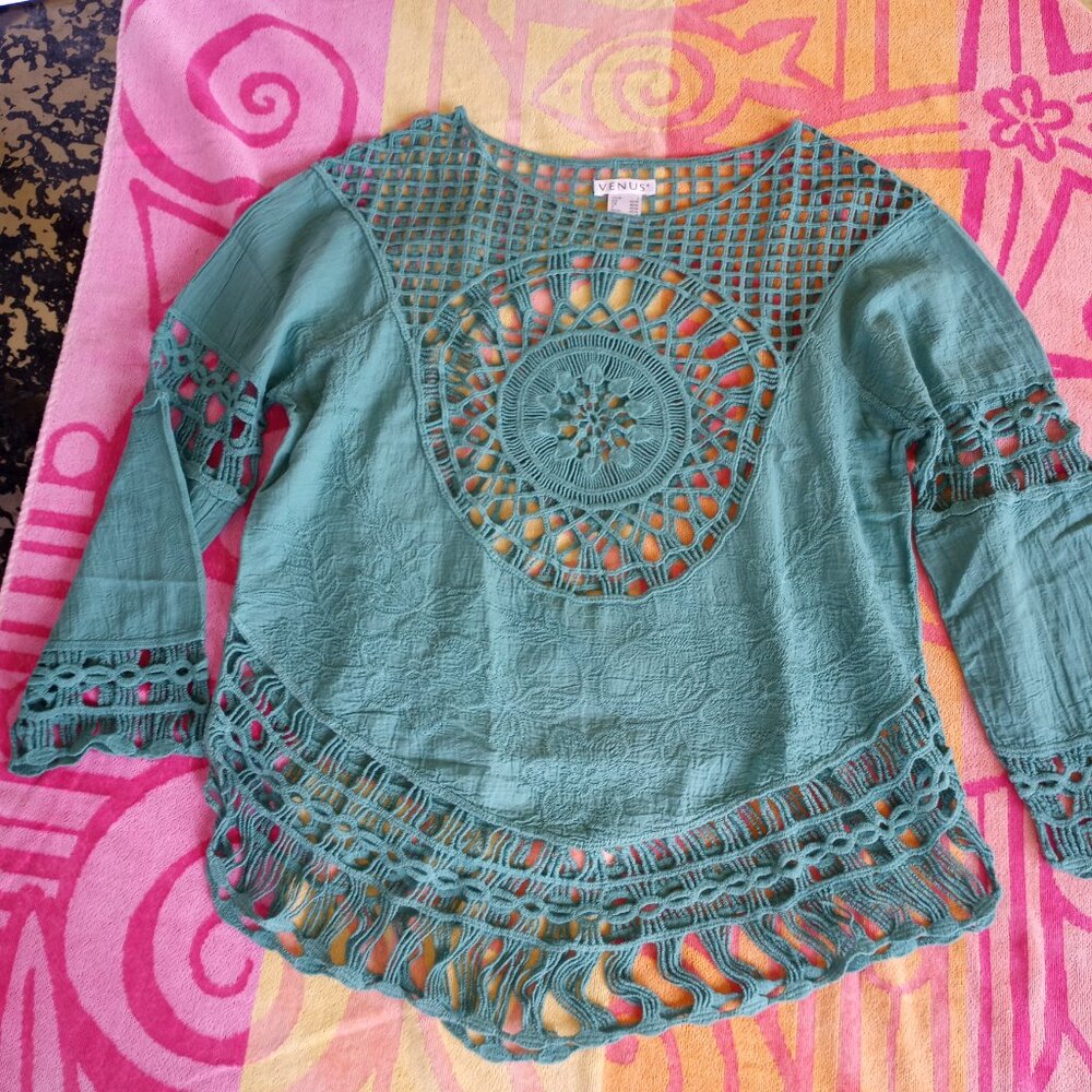 Trendy teal Boho open crochet top shirt cover up - Picture 6 of 15